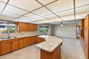 Kitchen with a kitchen island, ceiling fan, light carpet, and sink