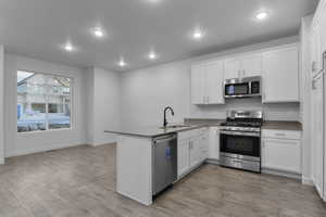 Kitchen with sink, white cabinetry, stainless steel appliances, kitchen peninsula, and light wood-type flooring