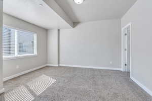 Carpeted spare room featuring a textured ceiling