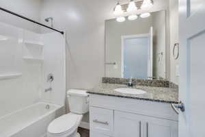 Full bathroom with vanity, toilet, and shower / bathing tub combination