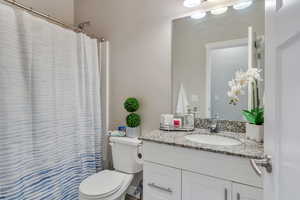 Bathroom with vanity, toilet, and a shower with curtain