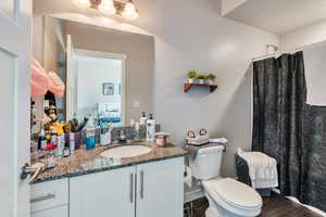 Bathroom featuring wood-type flooring, vanity, toilet, and a shower with shower curtain