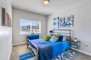 Carpeted bedroom with a textured ceiling