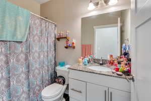 Bathroom with vanity, toilet, and a shower with shower curtain