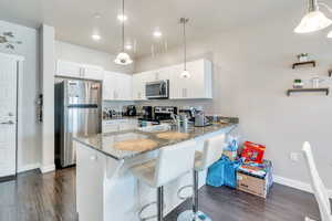 Kitchen with decorative light fixtures, stainless steel appliances, and white cabinetry