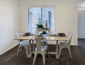 Dining room featuring plenty of natural light and dark hardwood / wood-style floors