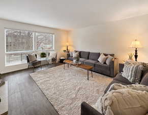 Living room with dark hardwood / wood-style flooring