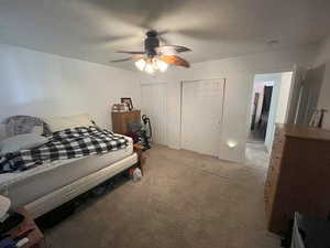 Carpeted bedroom with ceiling fan and two closets