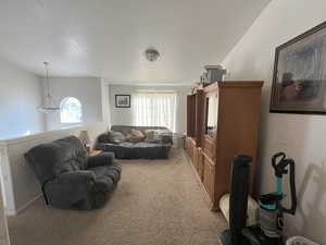 Living room featuring carpet floors, a textured ceiling, and a healthy amount of sunlight