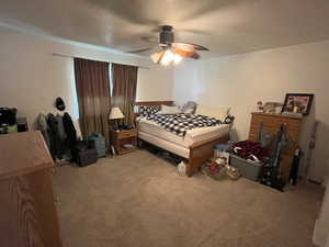 Bedroom featuring ceiling fan and carpet