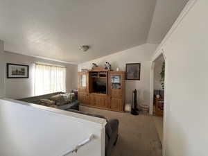 Living room featuring light carpet, vaulted ceiling, and a textured ceiling