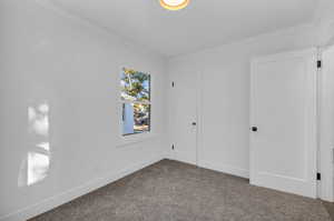 Unfurnished room with crown molding and carpet flooring