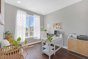 Home office featuring dark wood-type flooring and a wealth of natural light