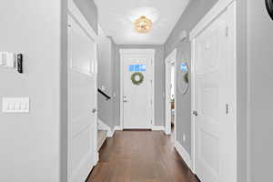 Entrance foyer featuring dark hardwood / wood-style floors