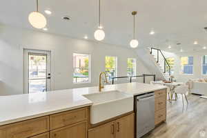 Kitchen with dishwasher, light hardwood / wood-style flooring, pendant lighting, and sink