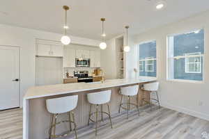 Kitchen with stainless steel appliances, white cabinets, light hardwood / wood-style floors, an island with sink, and hanging light fixtures