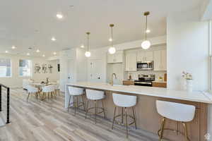 Kitchen featuring hanging light fixtures, light wood-type flooring, white cabinetry, appliances with stainless steel finishes, and sink