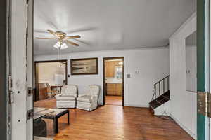 Living room with ceiling fan, light hardwood / wood-style flooring, ornamental molding, and a healthy amount of sunlight