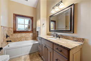 Bathroom with a tub, vanity, and toilet