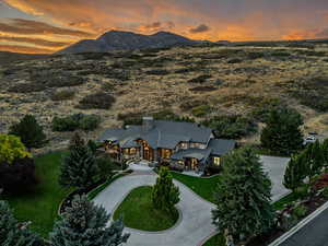 Aerial view at dusk with a mountain view