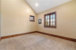 Carpeted spare room featuring high vaulted ceiling