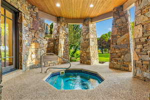 View of pool featuring an in ground hot tub and a patio area