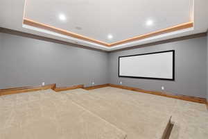 Carpeted cinema room featuring a tray ceiling