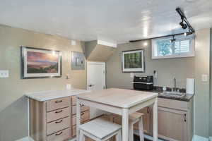 Kitchen featuring light brown cabinets, sink, electric panel, laminate countertop, and track lighting