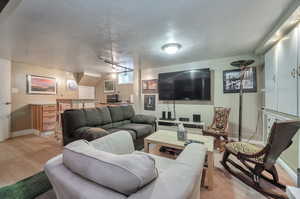 Living room featuring light laminate wood-type flooring and carpet