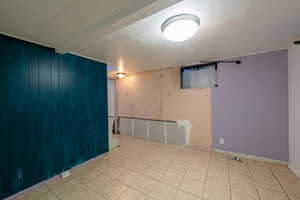 Basement featuring wooden walls