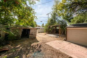 View of yard featuring a storage unit and a patio area