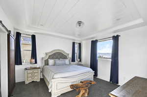 Bedroom with a raised ceiling, dark carpet, and a barn door