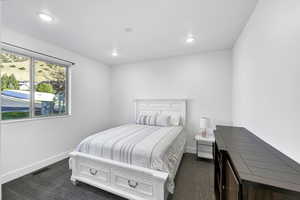 Bedroom with dark colored carpet