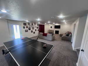 Recreation room with carpet and a textured ceiling