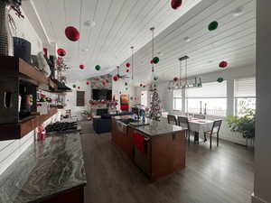 Kitchen featuring ceiling fan, dark wood-type flooring, sink, pendant lighting, and a large fireplace