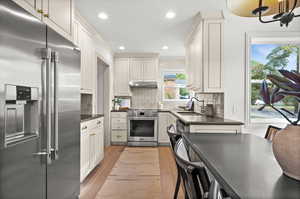 Kitchen with appliances with stainless steel finishes and white cabinets