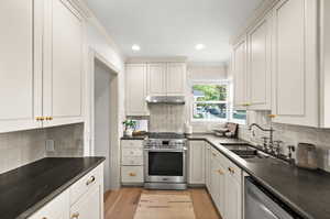 Kitchen with light hardwood / wood-style floors, crown molding, sink, stainless steel appliances, and white cabinets