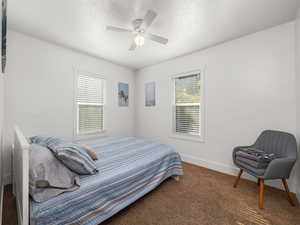 Bedroom featuring ceiling fan, a textured ceiling, dark colored carpet, and multiple windows