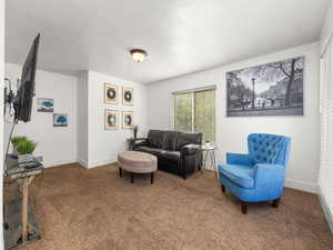 Living room with carpet floors and a textured ceiling