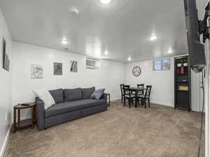 Living room with carpet floors and a textured ceiling