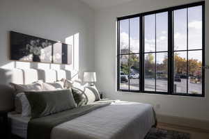 Bedroom with multiple windows and wood-type flooring