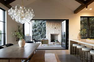 Dining room featuring lofted ceiling with beams and dark hardwood / wood-style floors