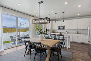 Dining and kitchen with custom lighting and sliding glass door to private backyard.