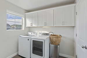 Generous Laundry Room with Built in Overhead Cabinets that connects to both Walk-in Closet & Bonus Room.