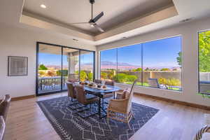 Interior space featuring ceiling fan, a mountain view, a tray ceiling, and a wealth of natural light