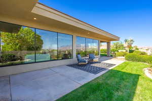 View of patio featuring a mountain view