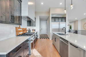 Kitchen with backsplash, pendant lighting, sink, light wood-type flooring, and appliances with stainless steel finishes