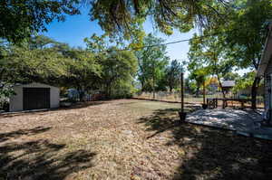 View of yard with a patio and a storage unit