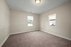 Unfurnished room featuring plenty of natural light and carpet flooring