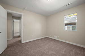 Carpeted spare room with a textured ceiling